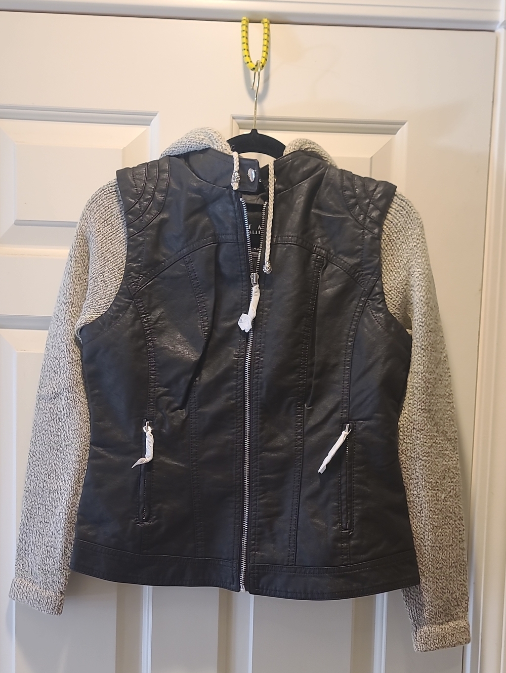 Women's Brown Faux Leather Hooded Jacket/ Vest with Oatmeal Knit Sleeves.